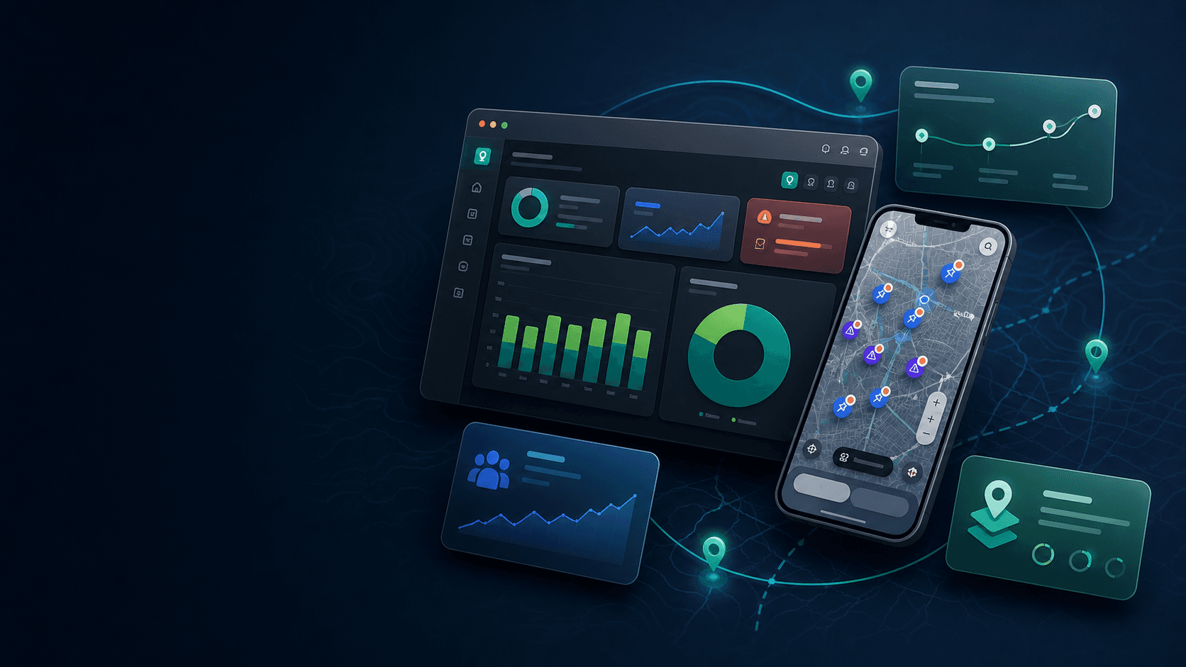 Connected geospatial product ecosystem showing a SaaS dashboard, mobile field application, product analytics, and location intelligence